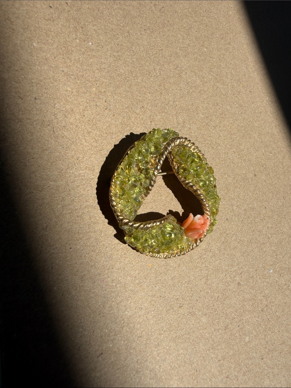 Vintage Green Crystal Wreath Brooch with Coral Flower gold